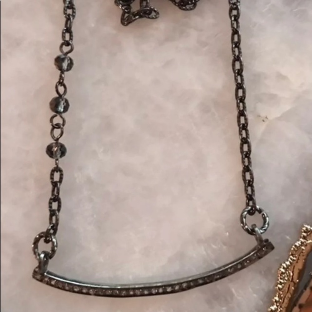 Raw Herkimer Diamond Bar Necklace; Artisan; One Of Kind; Gunmetal Chain; NEW